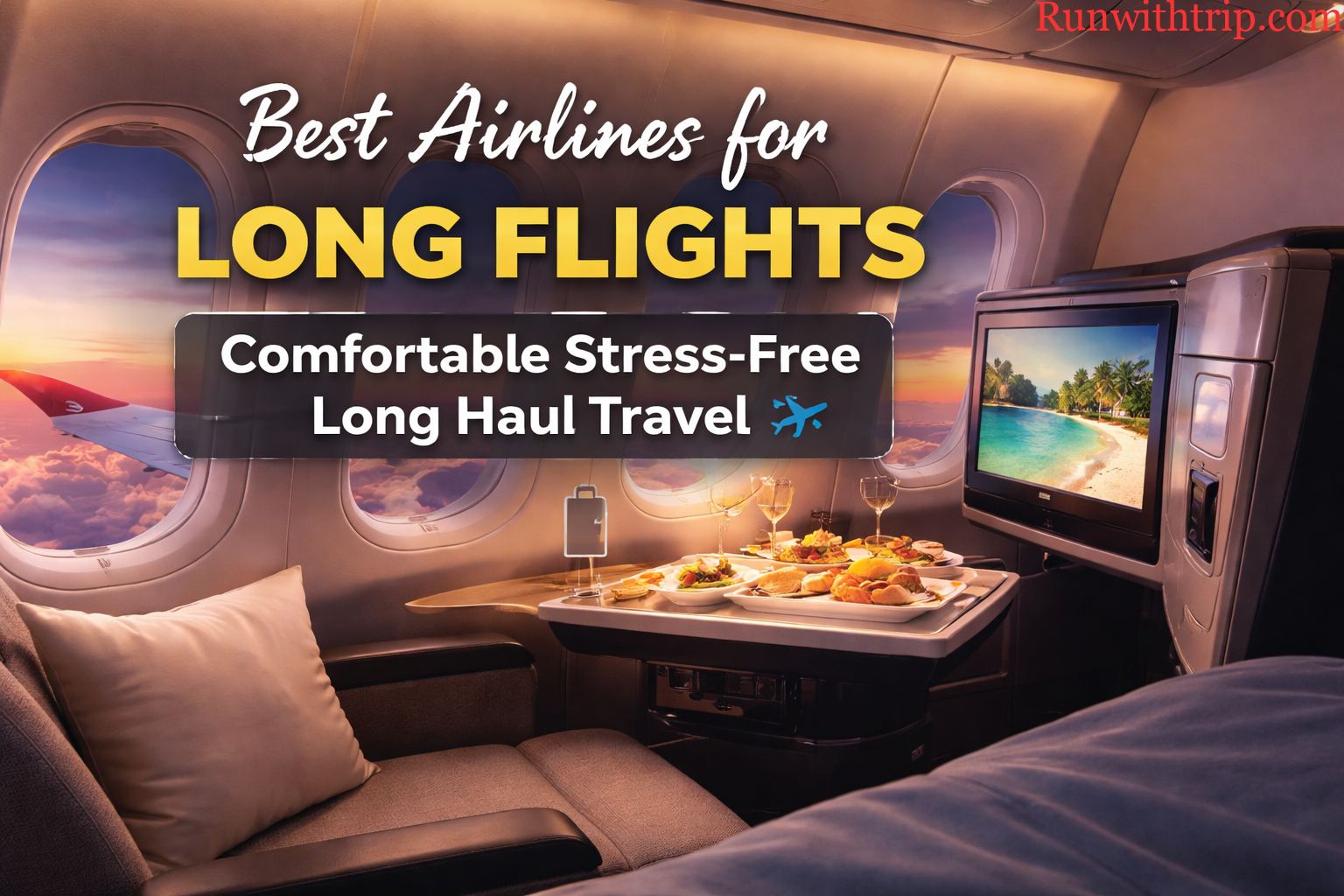 luxury airplane cabin with comfortable seats, in-flight meal, and entertainment screen for long haul travel