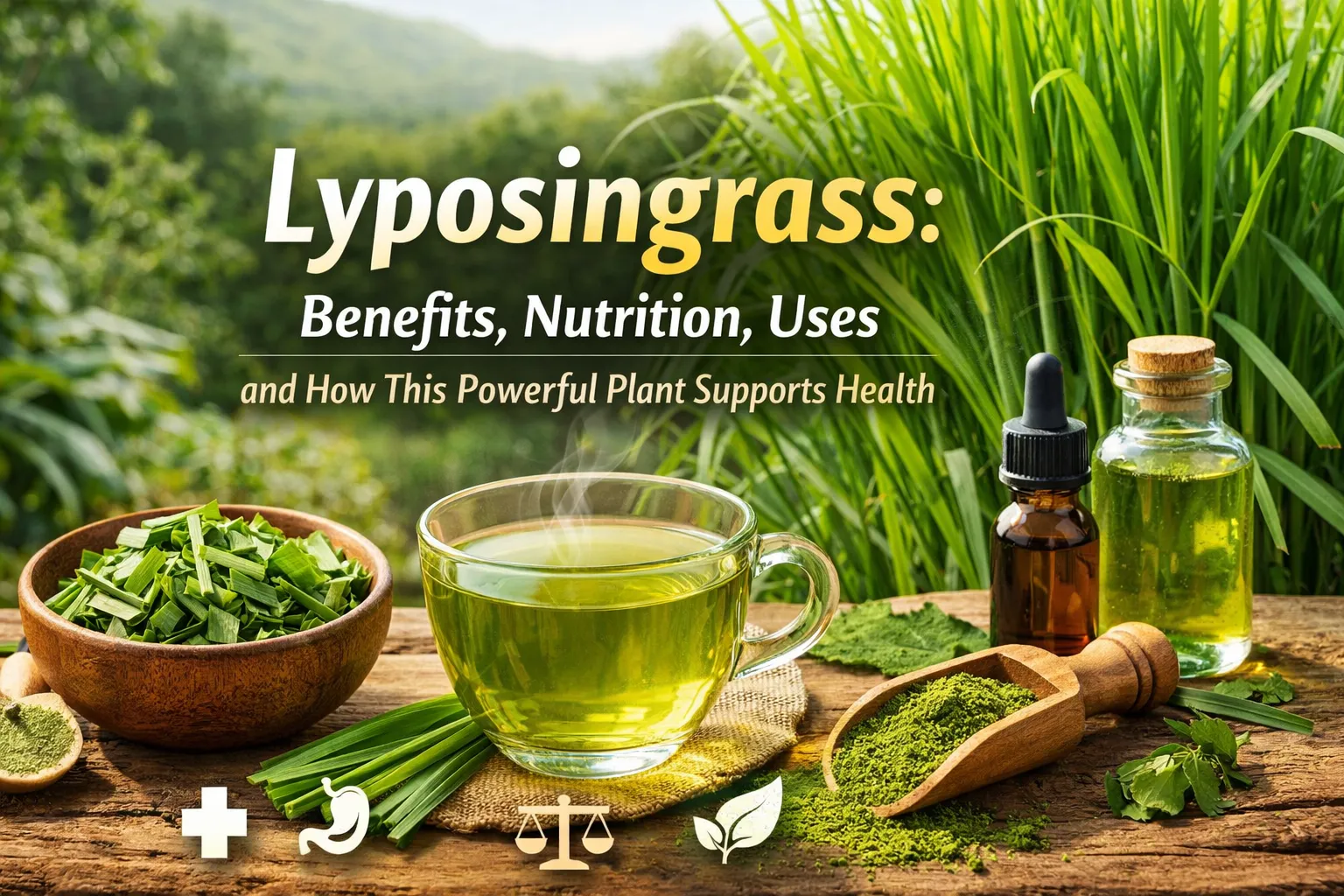 Lyposingrass plant with herbal tea, powder, and leaves showing the nutritional and health benefits of this powerful plant