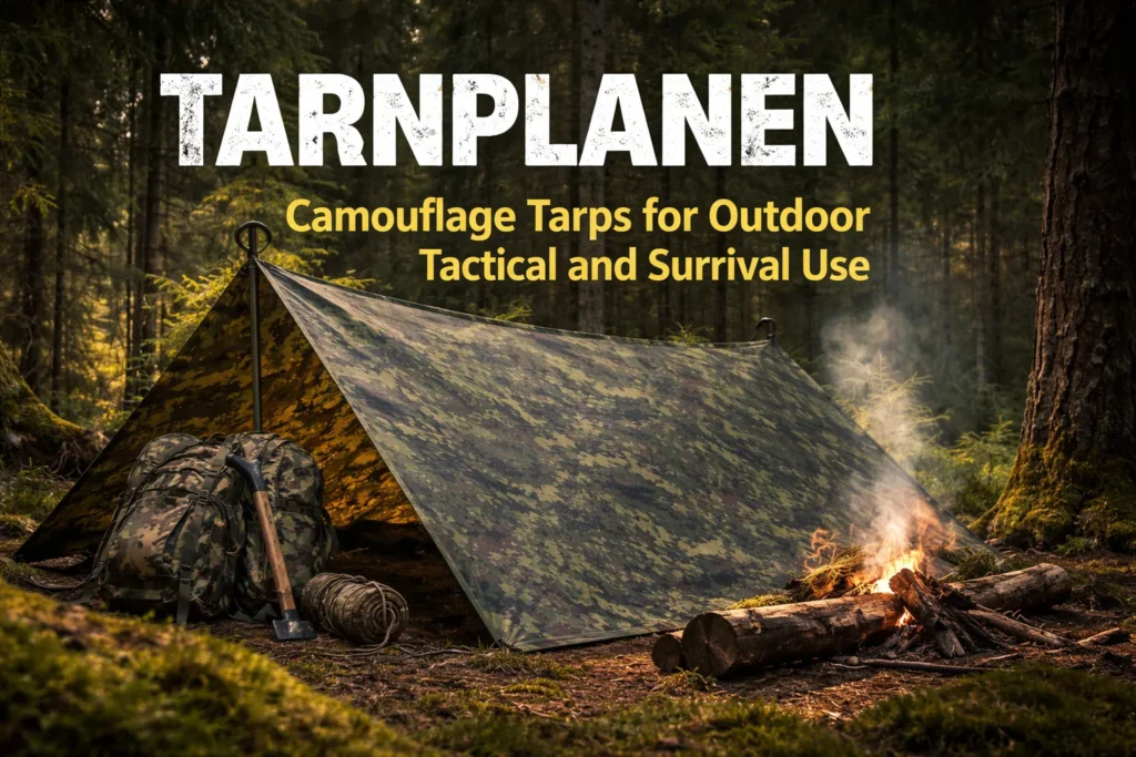 Tarnplanen camouflage tarp shelter used for outdoor camping and survival in a forest environment