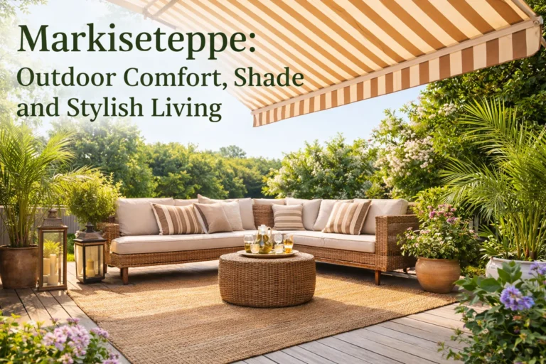 Markiseteppe outdoor awning providing shade over a stylish patio seating area with comfortable furniture and decorative plants.