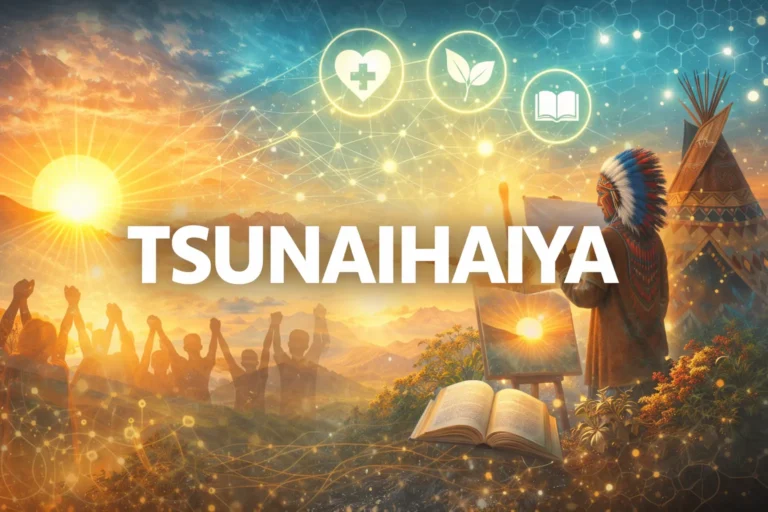 Tsunaihaiya concept illustration showing a sunrise over mountains, people united together, and cultural symbols representing unity, renewal, and heritage.