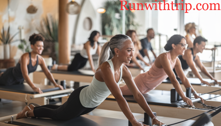 In a bright, modern Pilates studio filled with natural light and subtle coastal decor, a diverse group of individuals demonstrates core strength and flexibility.