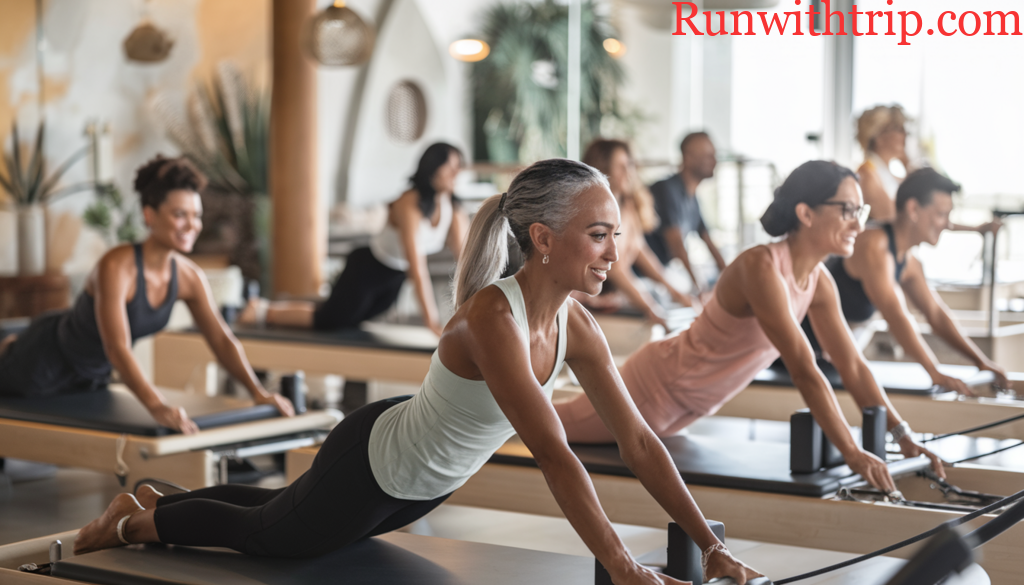 In a bright, modern Pilates studio filled with natural light and subtle coastal decor, a diverse group of individuals demonstrates core strength and flexibility.
